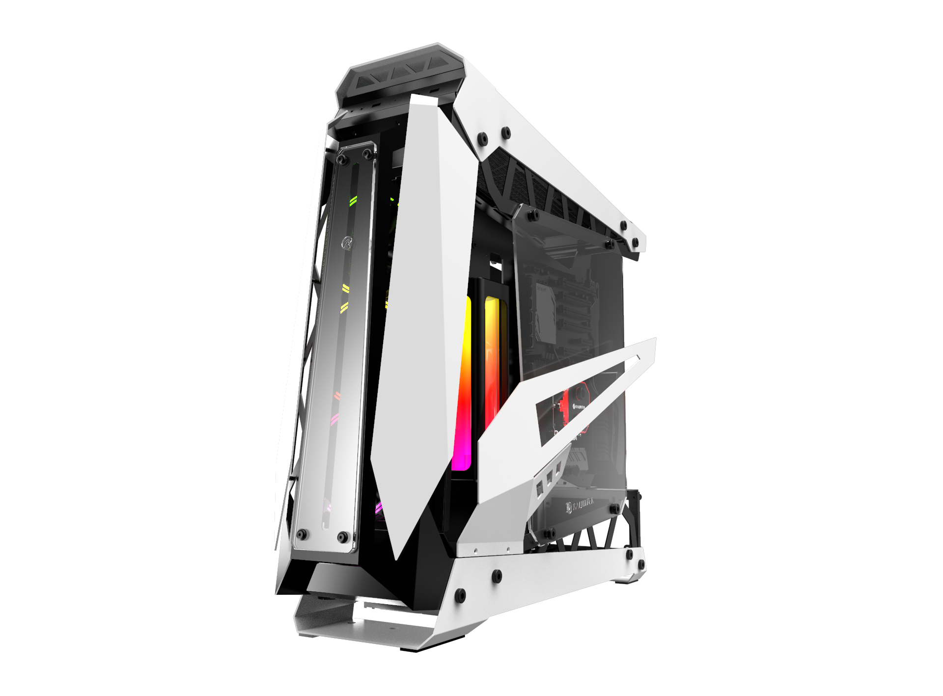 Gabinete Gamer Raijintek NYX PRO White  – Diseño compacto con paneles de vidrio templado, iluminación RGB y detalles en rojo para setups de alto rendimiento