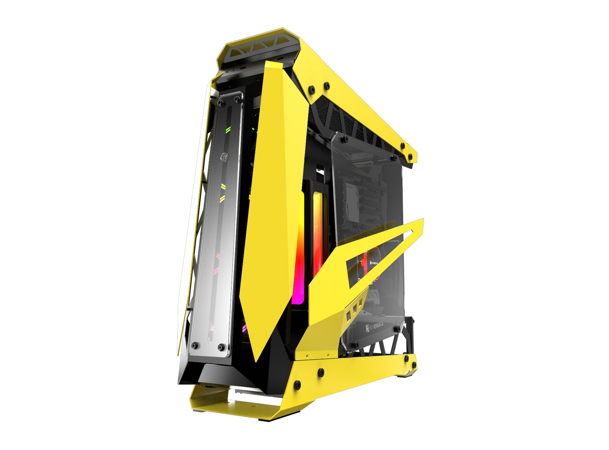 Gabinete Gamer Raijintek NYX PRO Yellow– Diseño compacto con paneles de vidrio templado, iluminación RGB y detalles en rojo para setups de alto rendimiento