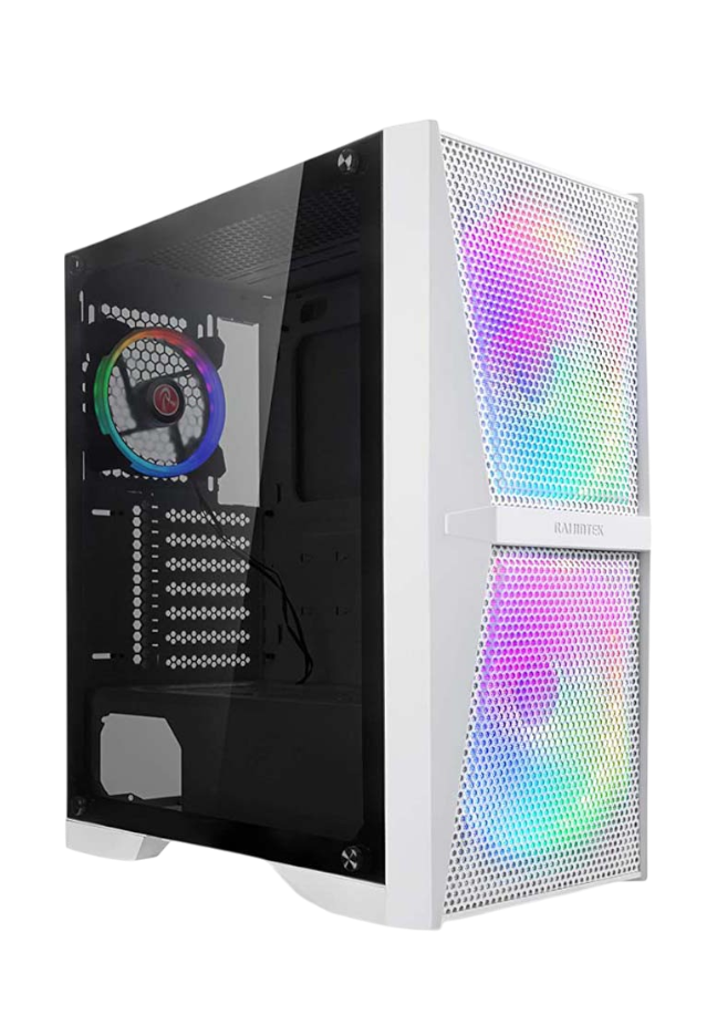 Gabinete Gamer Raijintek SILENOS MS PRO White – Diseño espacioso, paneles de vidrio templado y excelente flujo de aire en color blanco para PCs de alto rendimiento