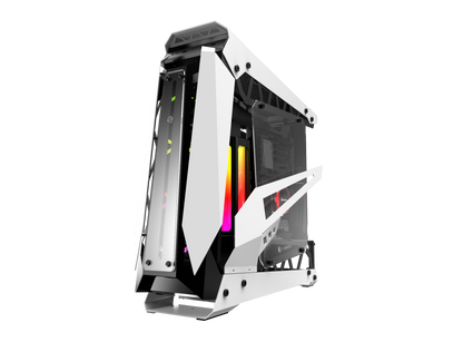 Gabinete Gamer Raijintek NYX PRO White  – Diseño compacto con paneles de vidrio templado, iluminación RGB y detalles en rojo para setups de alto rendimiento