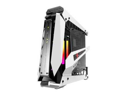 Gabinete Gamer Raijintek NYX PRO White  – Diseño compacto con paneles de vidrio templado, iluminación RGB y detalles en rojo para setups de alto rendimiento