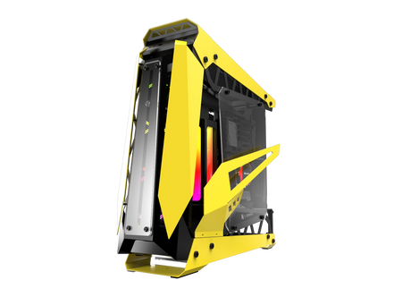 Gabinete Gamer Raijintek NYX PRO Yellow– Diseño compacto con paneles de vidrio templado, iluminación RGB y detalles en rojo para setups de alto rendimiento